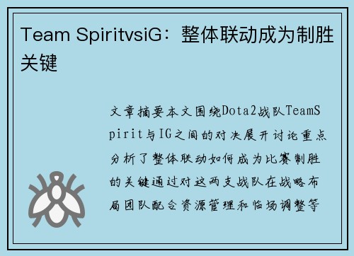 Team SpiritvsiG：整体联动成为制胜关键