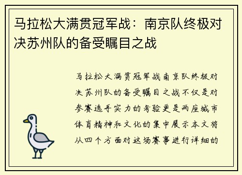 马拉松大满贯冠军战：南京队终极对决苏州队的备受瞩目之战